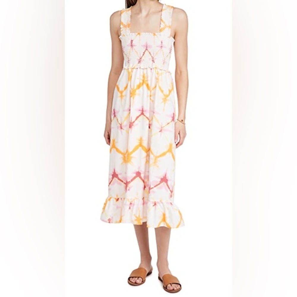 Rails Rumi Dip-Dye Smocked-Bodice Diamond Tie Dye Multi Cotton Midi Dress EUC S